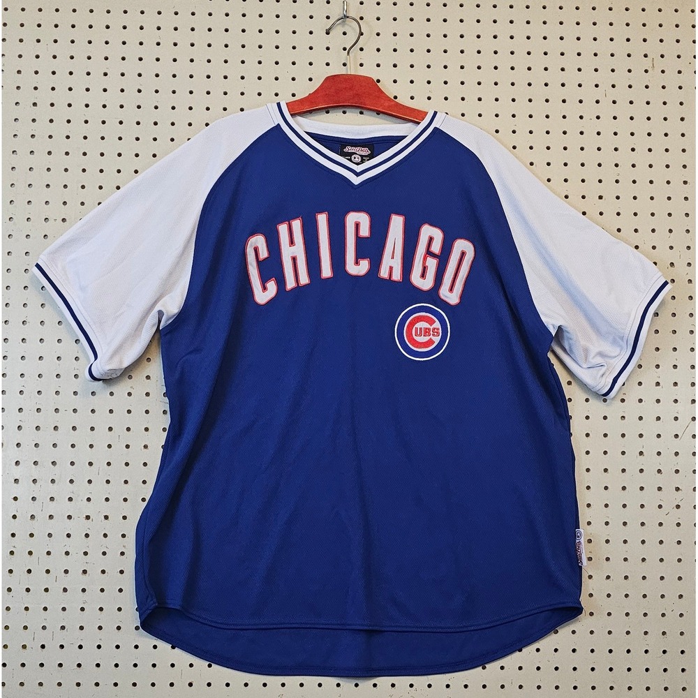 Stitches Chicago Cubs MLB Baseball Jersey Mens 2XL Blue White Raglan V-Neck MLB